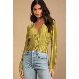 Lulus Staying Optimistic Chartreuse Pleated Bell Sleeve Top Green - Size M